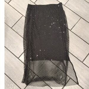 Sheer Rhinestone Midi Skirt Black Mesh Sparkle Festival Party